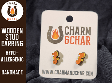 Seahorse Wood Stud Earrings - Animal Fashion Earring - Stud Earring - Charm and Char